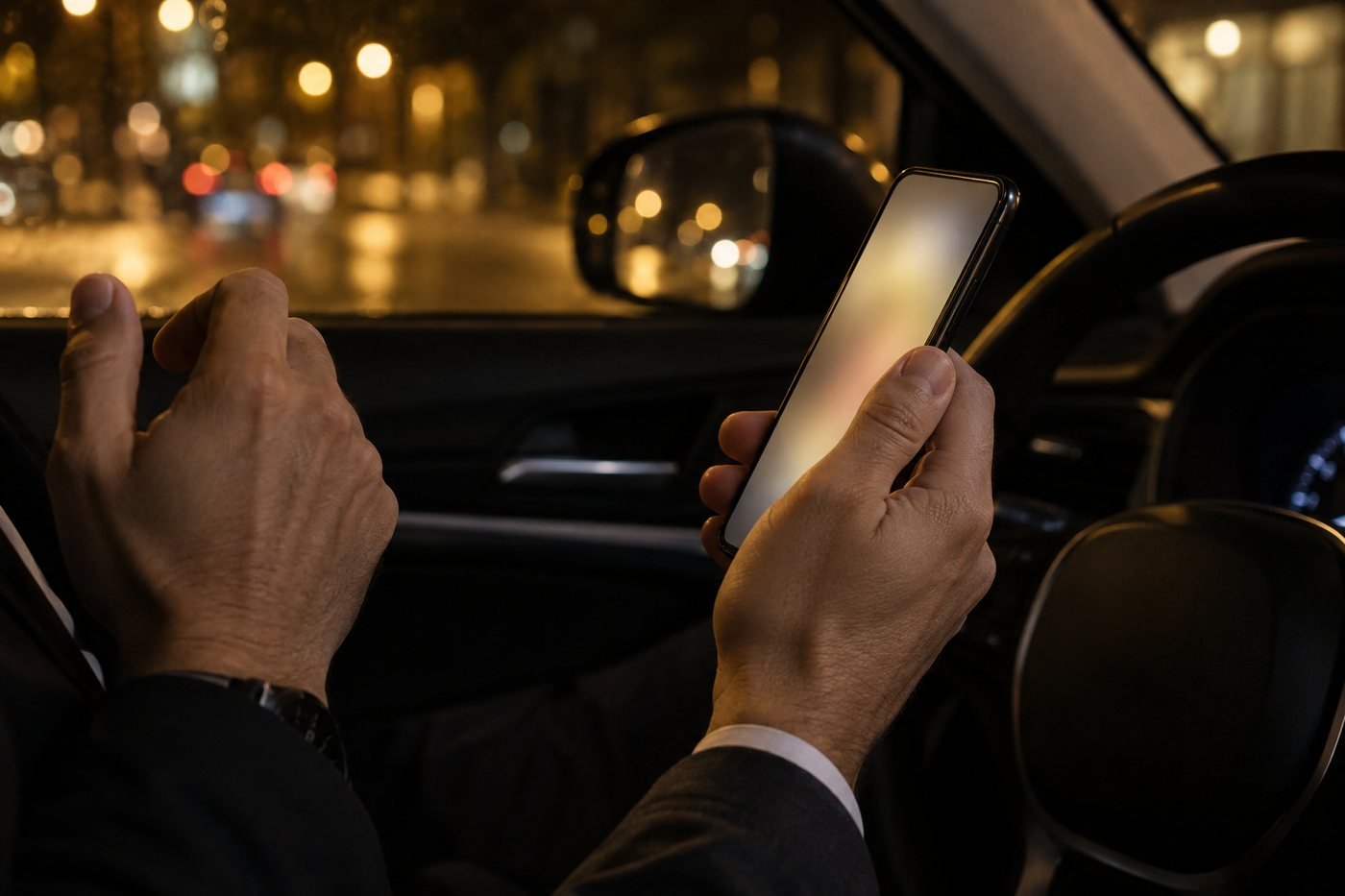 Maos de uma pessoa segurando um celular em chamada, a noite, dentro de um carro, com luzes urbanas desfocadas atraves do para-brisa