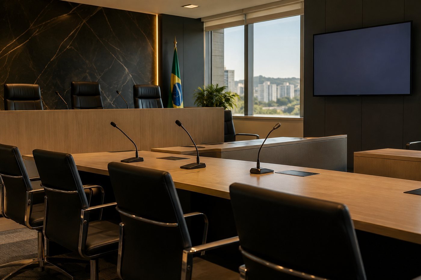 Sala de audiencia moderna e vazia, com bancada elevada de madeira clara, bandeira do Brasil, microfones de mesa e monitor de videoconferencia desligado na parede