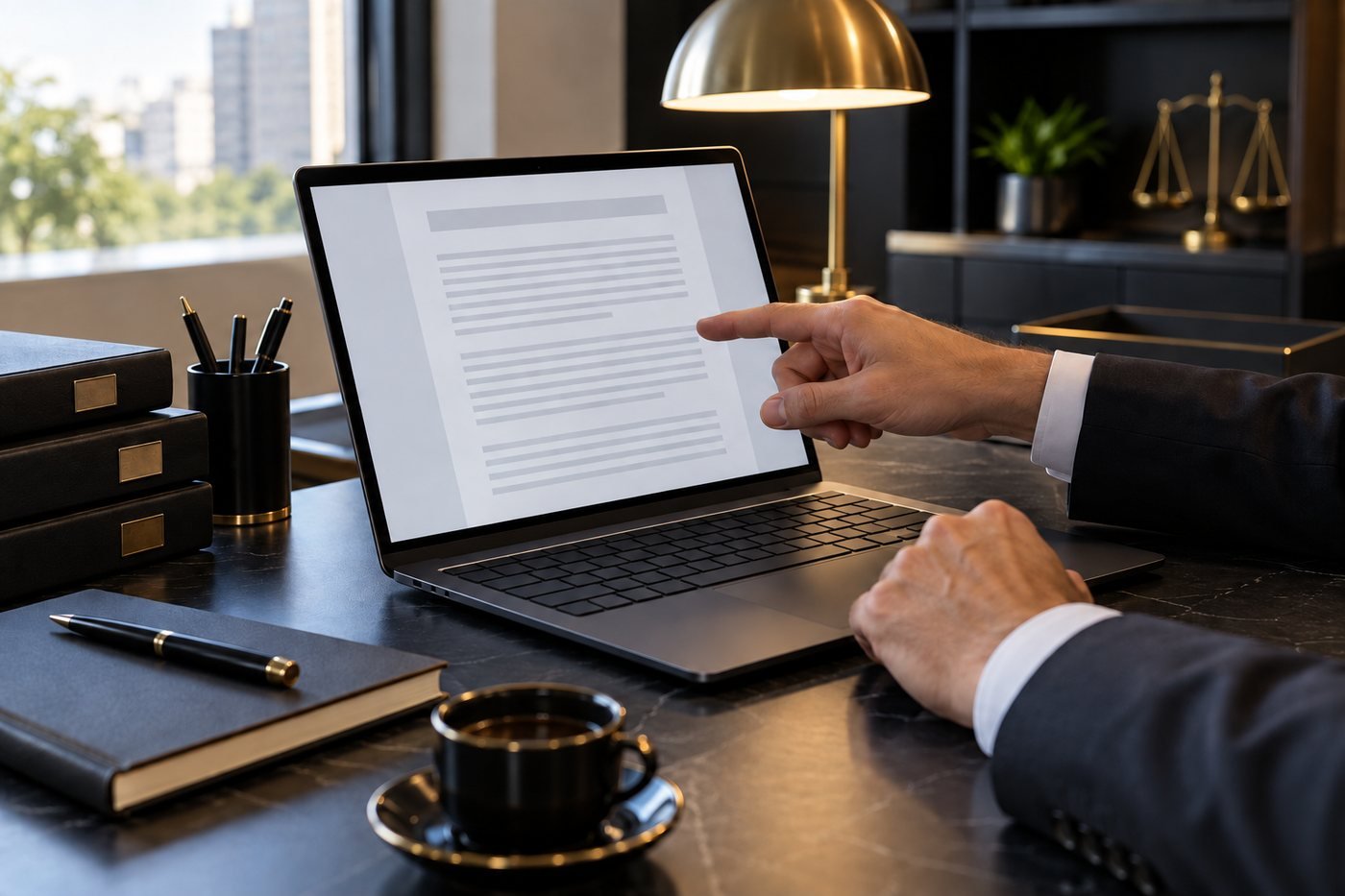 Maos de advogado apontando um trecho de documento na tela de um notebook, sobre mesa escura com pastas, caderno e xicara de cafe