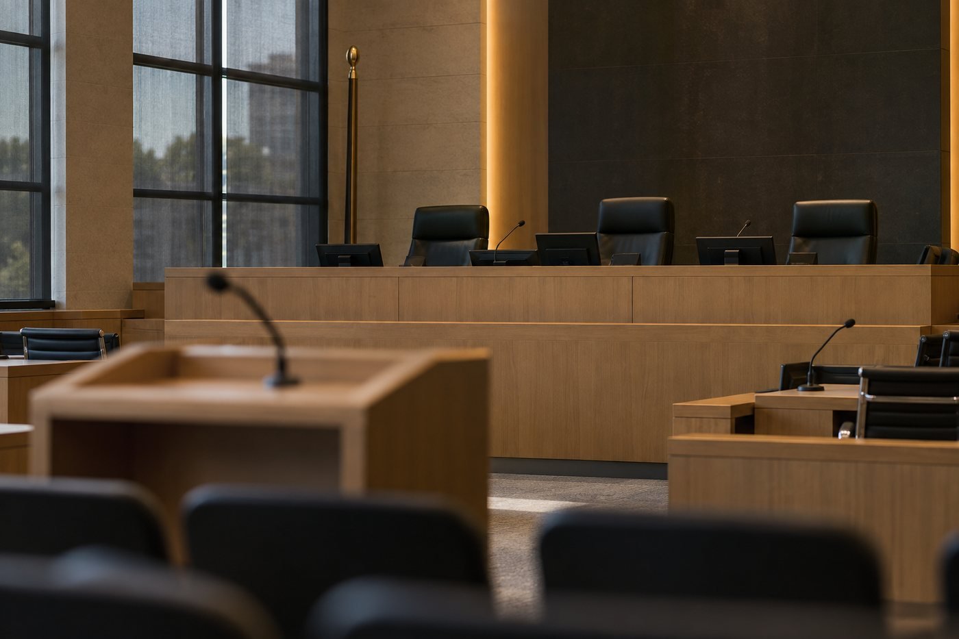 Plenario de tribunal contemporaneo e vazio, com tribuna de sustentacao oral em primeiro plano e bancada dos julgadores ao fundo, sob luz natural