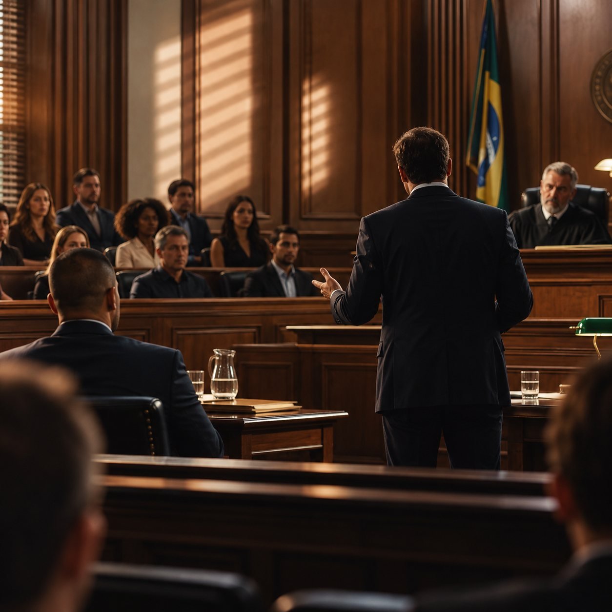 Advogado de costas sustentando oralmente em plenario de tribunal do juri, diante do conselho de sentenca e do juiz, com a bandeira do Brasil ao fundo