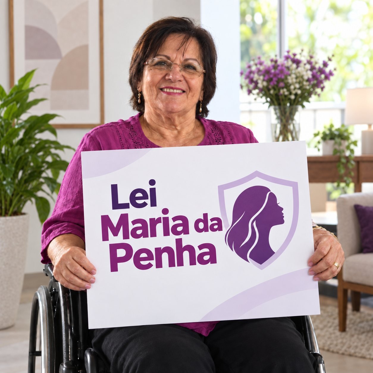 Mulher sentada em cadeira de rodas, em ambiente domestico iluminado, segurando uma placa com o nome da Lei Maria da Penha