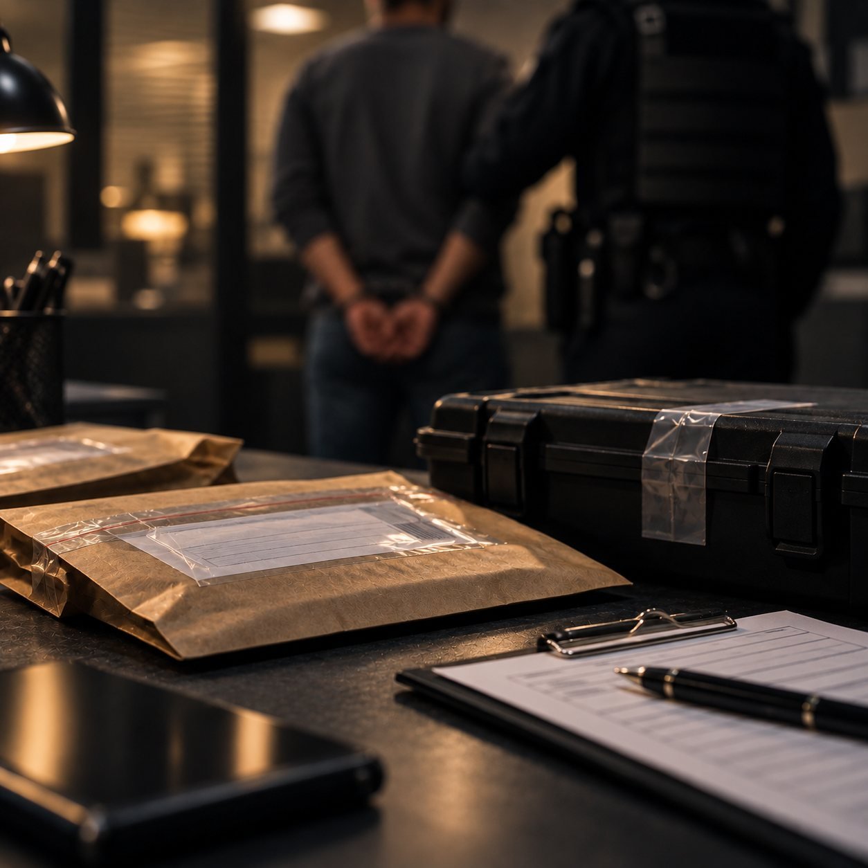 Embalagens de material apreendido e maleta lacrada sobre bancada de delegacia, com prancheta de registro em primeiro plano